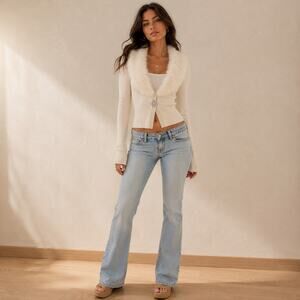 Rare Y2K XOXO White Rabbit Fur Trim Rhinestone Cardigan Sweater Small